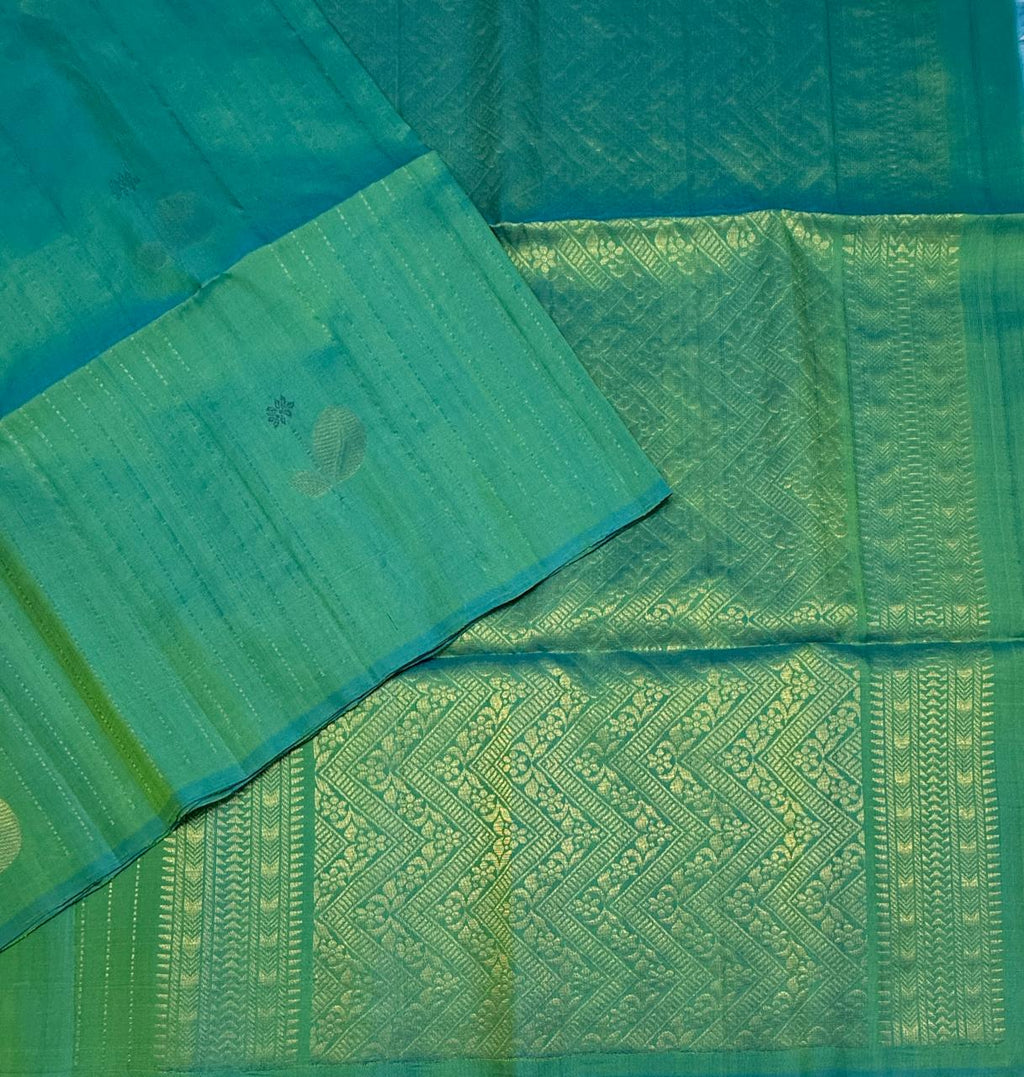 VSF1250 - bluish green color body , color pallu,blouse - Pure silk saree