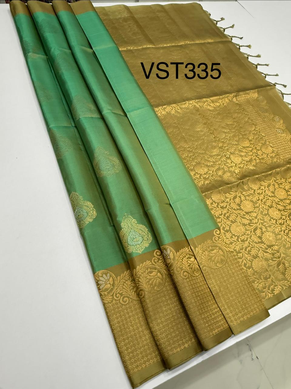 VST335 - pastel green color body , beige color pallu , blouse - Pure silk saree