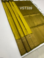 VST339 - yellowish green color body , cow dung green color pallu , blouse - Pure silk saree