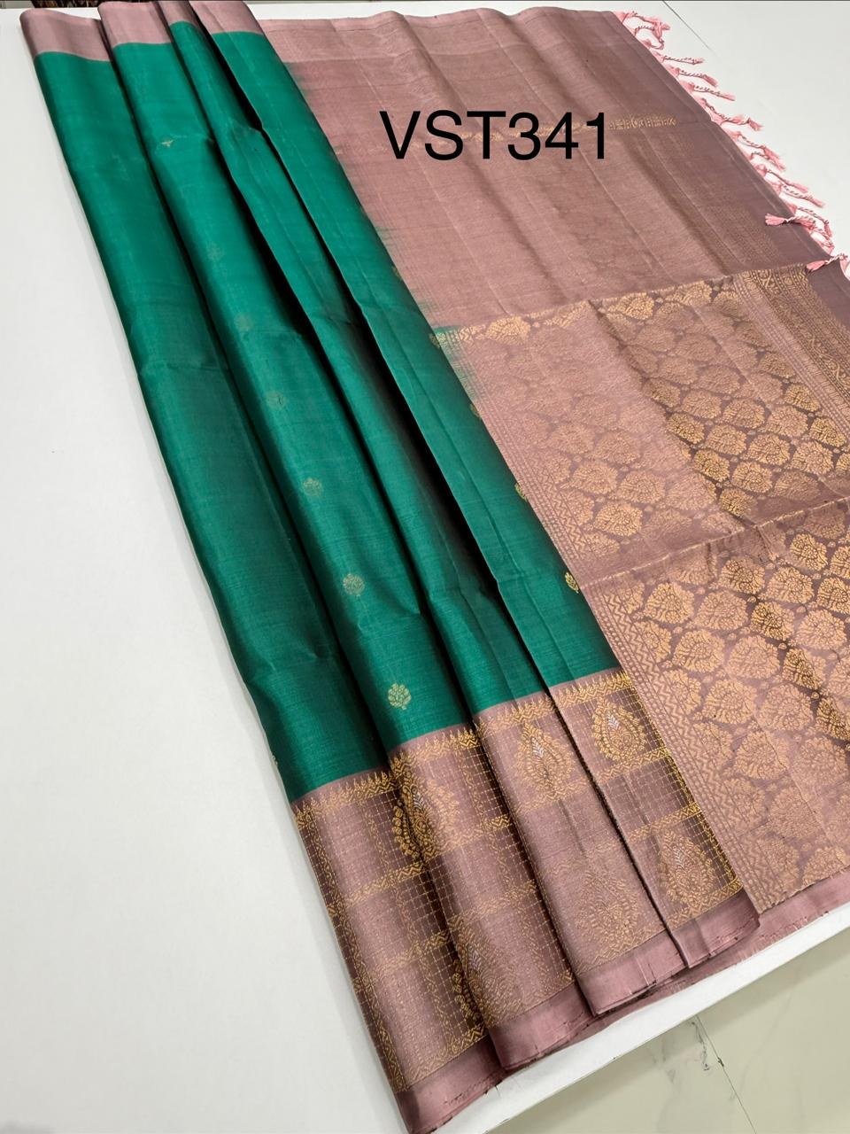VST341 - peacock green color body , pink color pallu , blouse - Pure silk saree