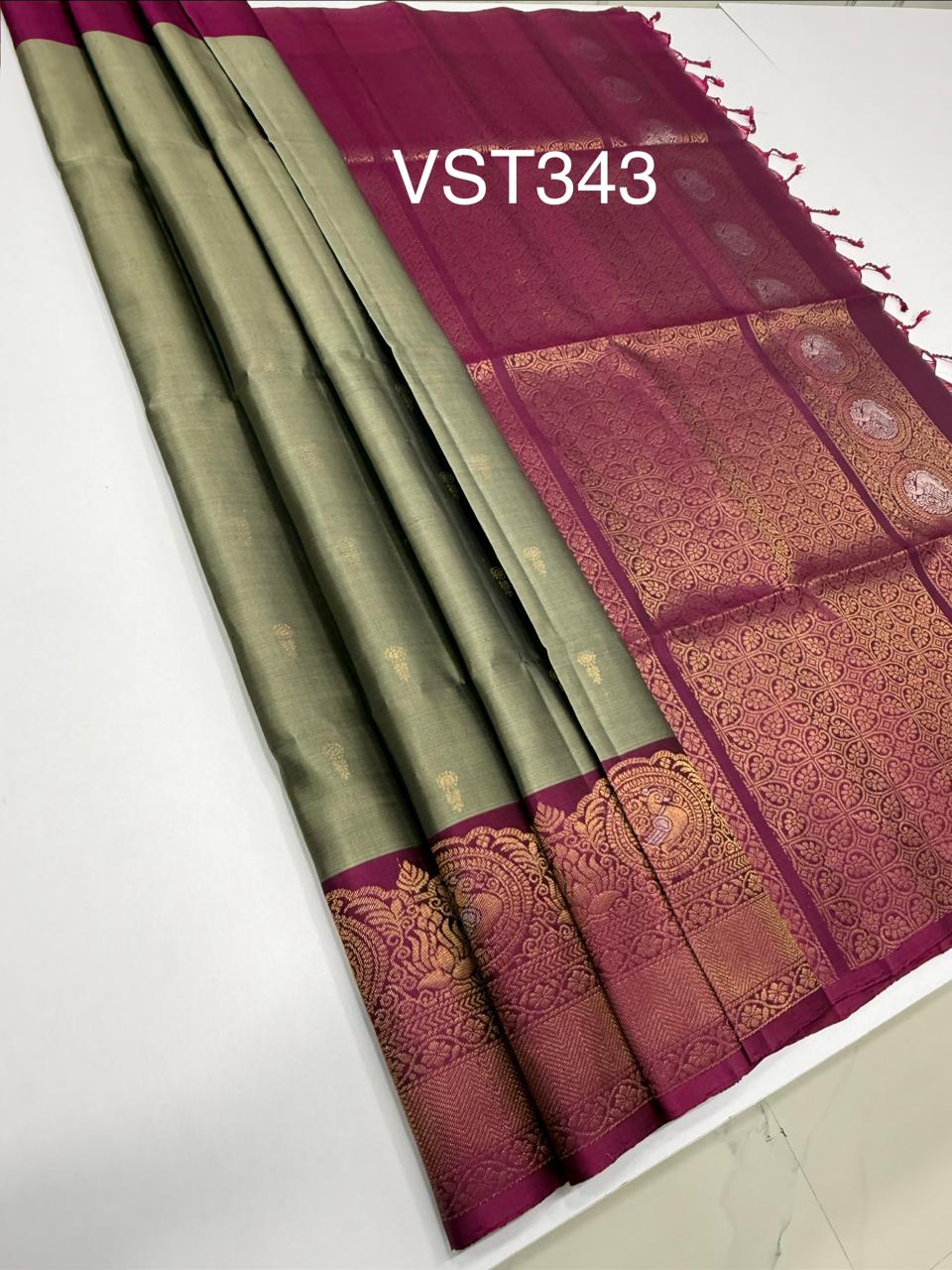 VST343 - grey color body , purple color pallu , blouse - Pure silk saree