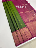 VST344 - olive green color body , purple color pallu , blouse - Pure silk saree