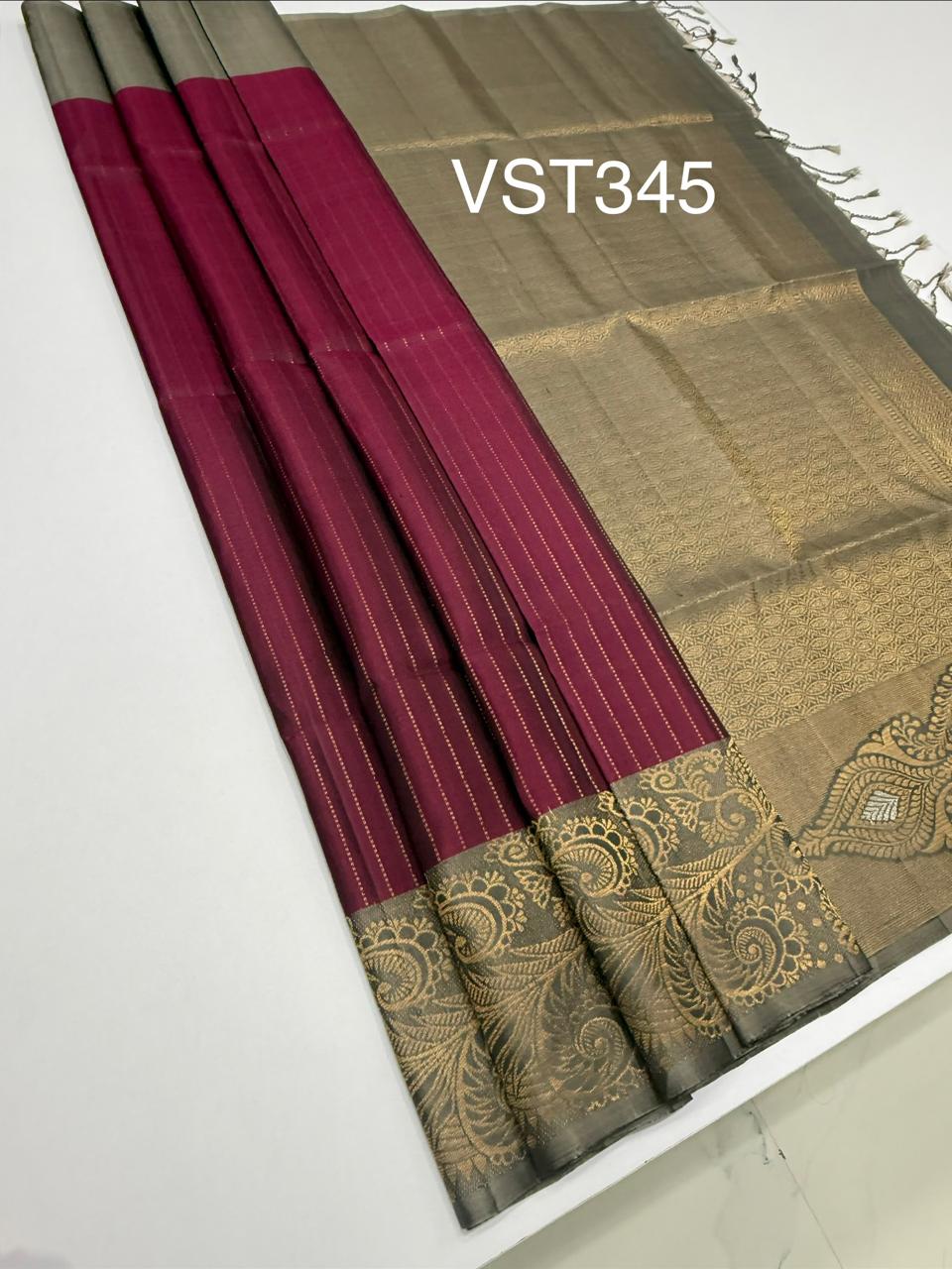 VST345 - purple color body , grey color pallu , blouse - Pure silk saree