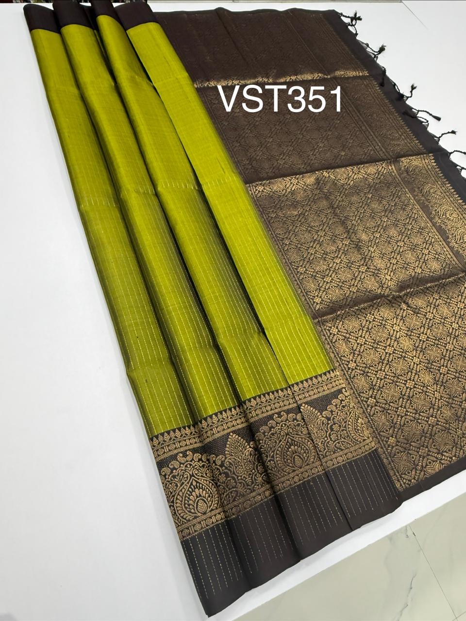 VST351 - mehandi green color body , dark purple color pallu , blouse - Pure silk saree