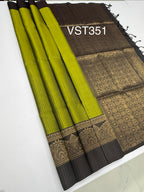 VST351 - mehandi green color body , dark purple color pallu , blouse - Pure silk saree