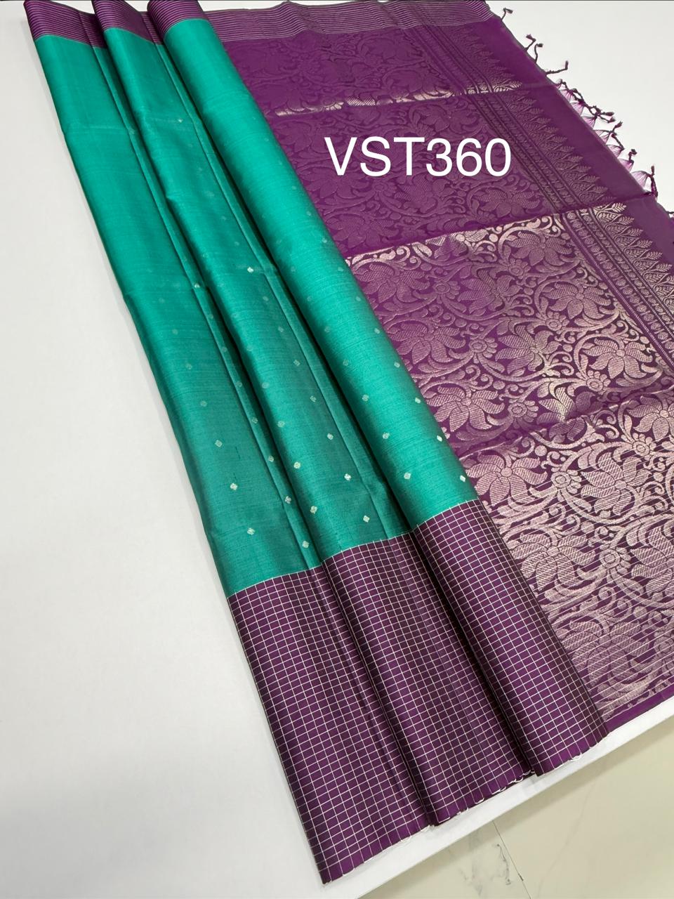 VST360 - peacock green color body , purple color pallu , blouse - Pure silk saree