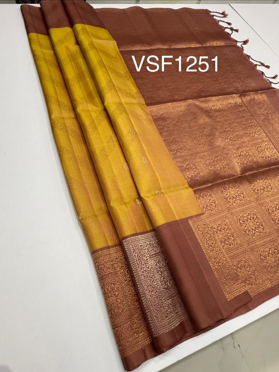 VSF1251 - golden yellow color body , chocolate brown color pallu,blouse - Pure silk saree