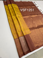 VSF1251 - golden yellow color body , chocolate brown color pallu,blouse - Pure silk saree
