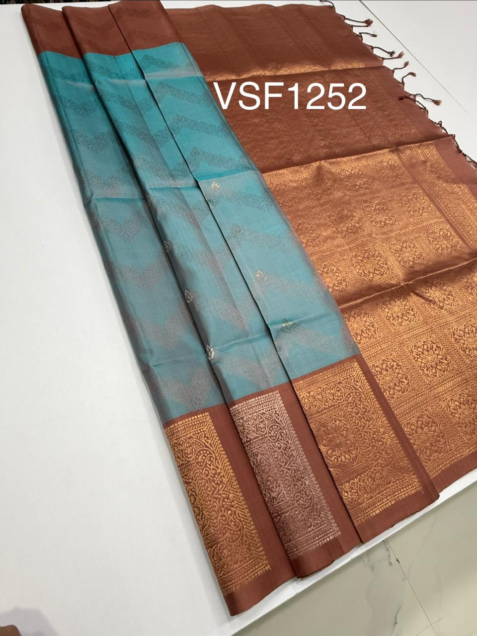 VSF1252 - pastel blue color body , chocolate brown color pallu,blouse - Pure silk saree