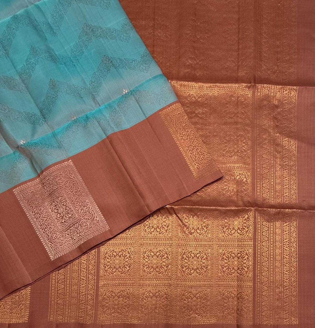 VSF1252 - pastel blue color body , chocolate brown color pallu,blouse - Pure silk saree