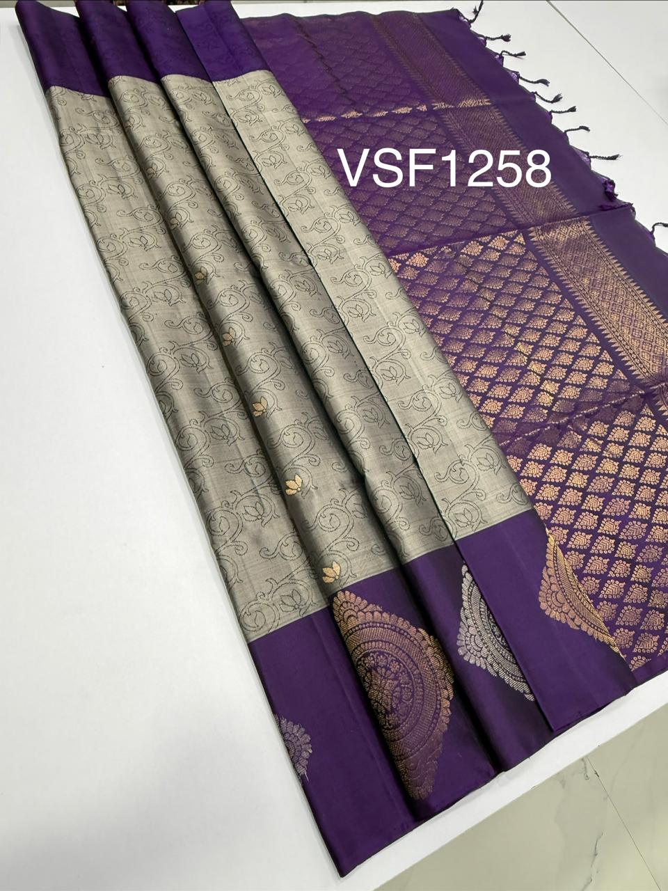 VSF1258 - grey color body , violet color pallu,blouse - Pure silk saree