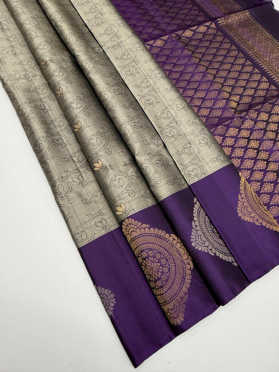 VSF1258 - grey color body , violet color pallu,blouse - Pure silk saree