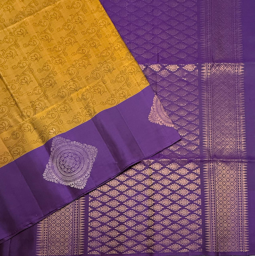 VSF1259 - cow dung green color body , violet color pallu,blouse - Pure silk saree