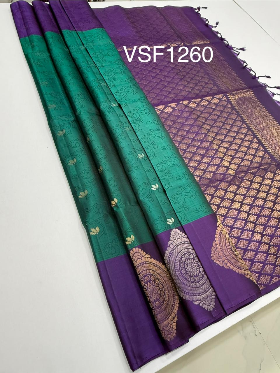 VSF1260 - peacock green color body , violet color pallu,blouse - Pure silk saree