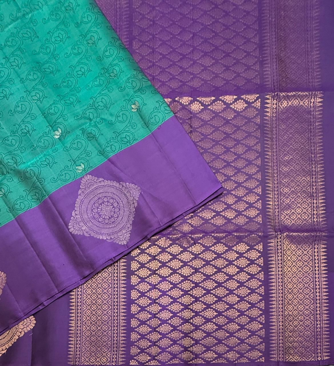 VSF1260 - peacock green color body , violet color pallu,blouse - Pure silk saree