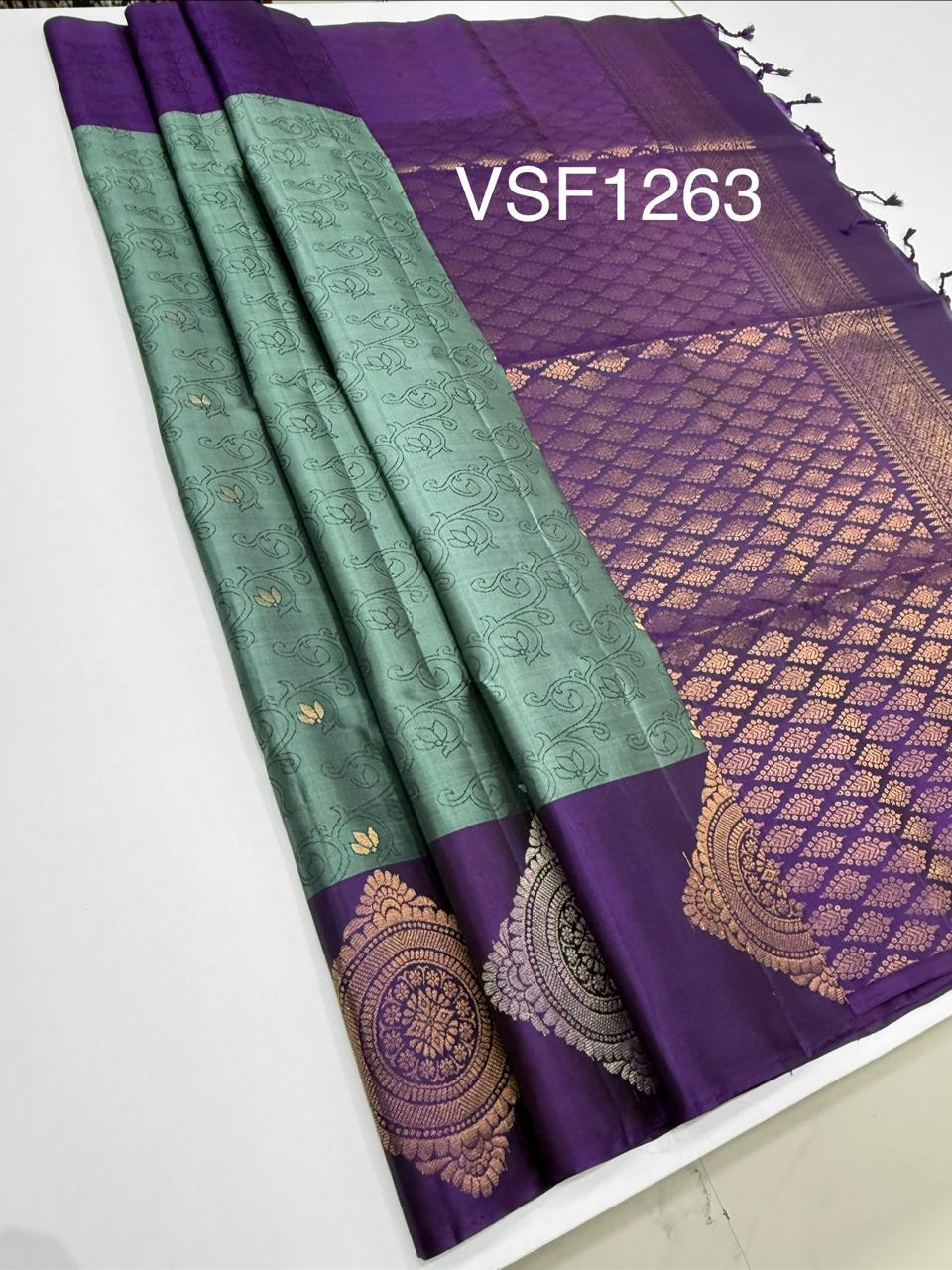VSF1263 - pastel blue color body , violet color pallu,blouse - Pure silk saree