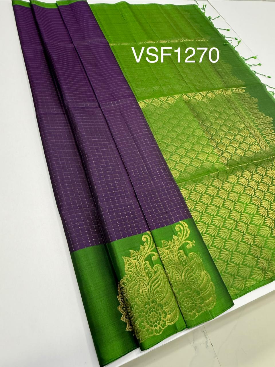 VSF1270 - violet color body , green color pallu,blouse - Pure silk saree