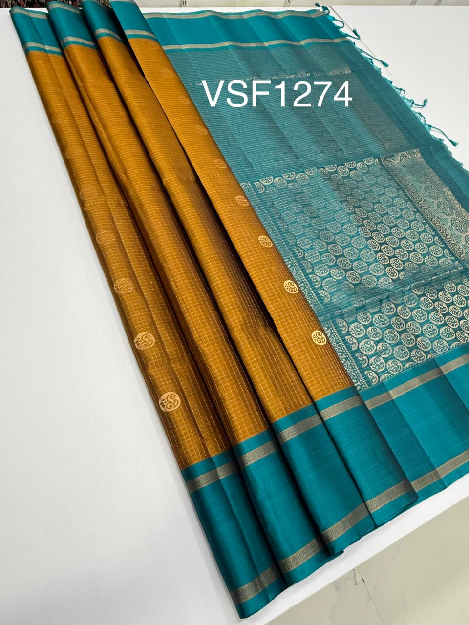 VSF1274 - mustard color body , peacock blue color pallu,blouse - Pure silk saree