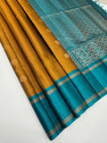 VSF1274 - mustard color body , peacock blue color pallu,blouse - Pure silk saree