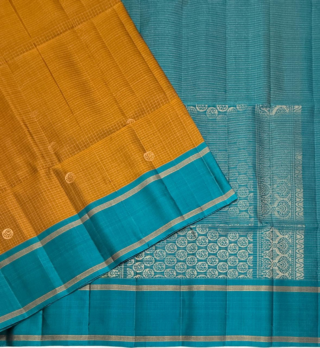 VSF1274 - mustard color body , peacock blue color pallu,blouse - Pure silk saree