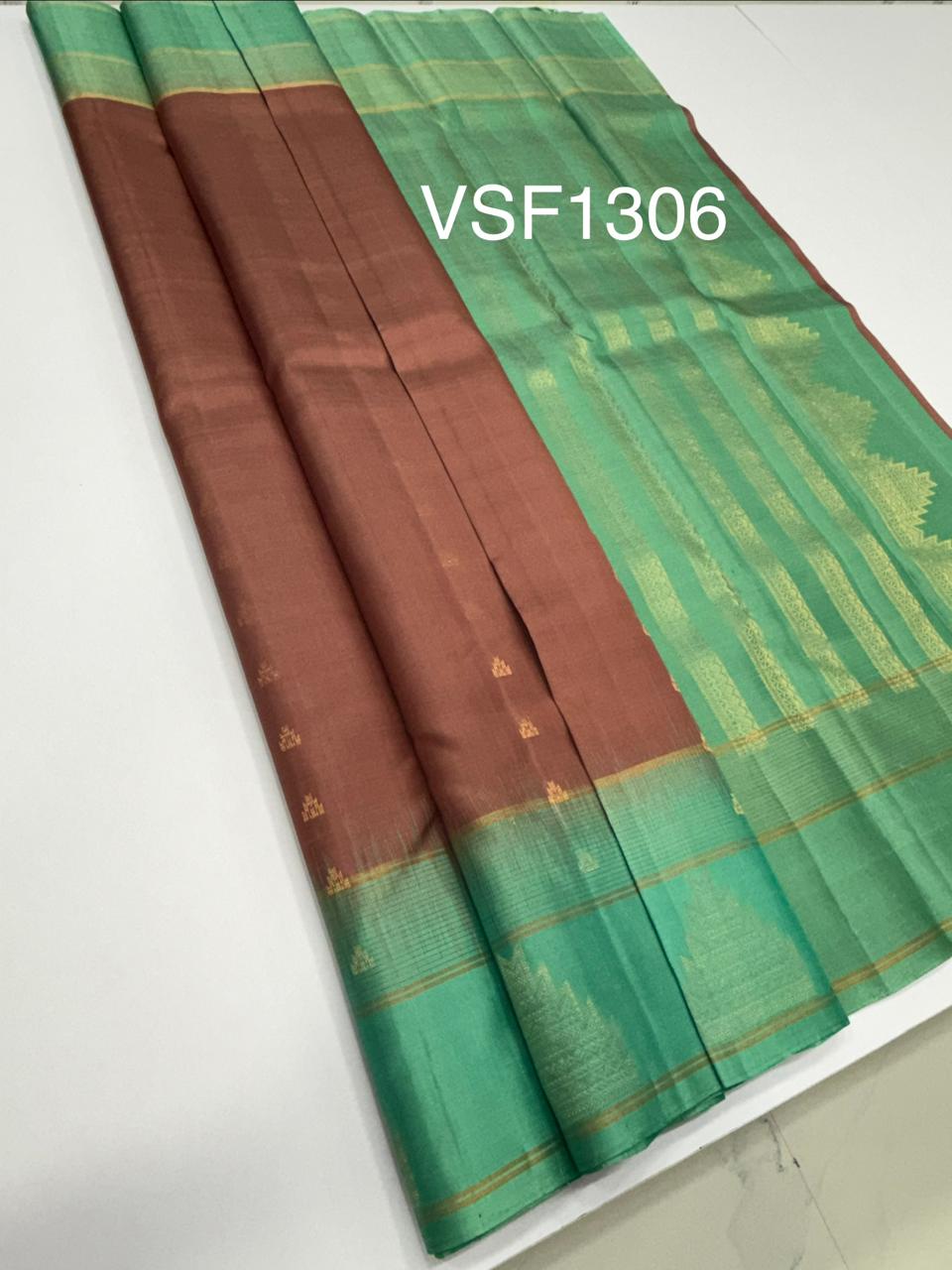 VSF1306 - chocolate brown color body , sea blue color pallu,blouse - Pure silk saree