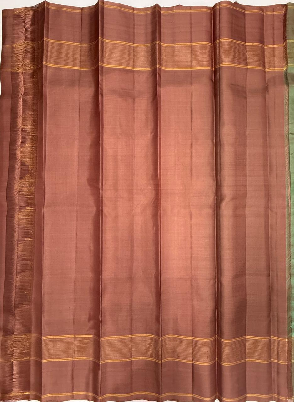 VSF1307 - sea blue color body , chocolate brown color pallu,blouse - Pure silk saree