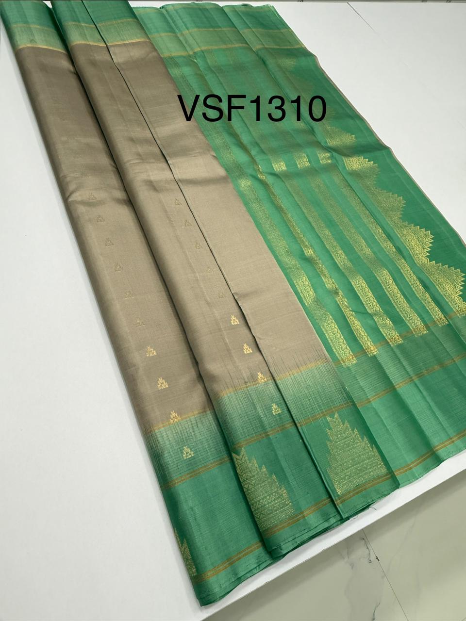 VSF1310 - grey color body , sea blue color pallu,blouse - Pure silk saree