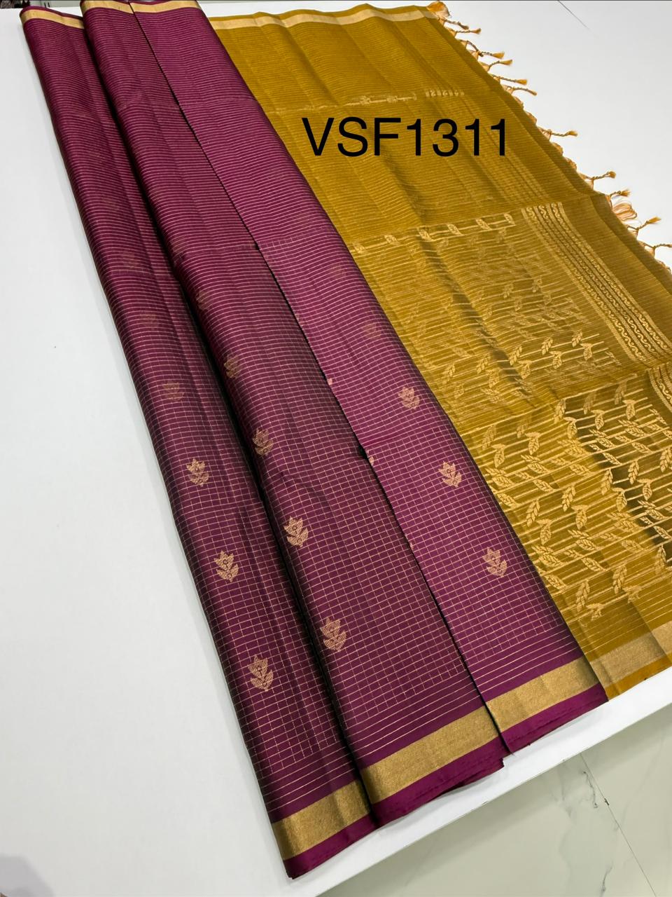 VSF1311 - purple color body , mustard color pallu,blouse - Pure silk saree