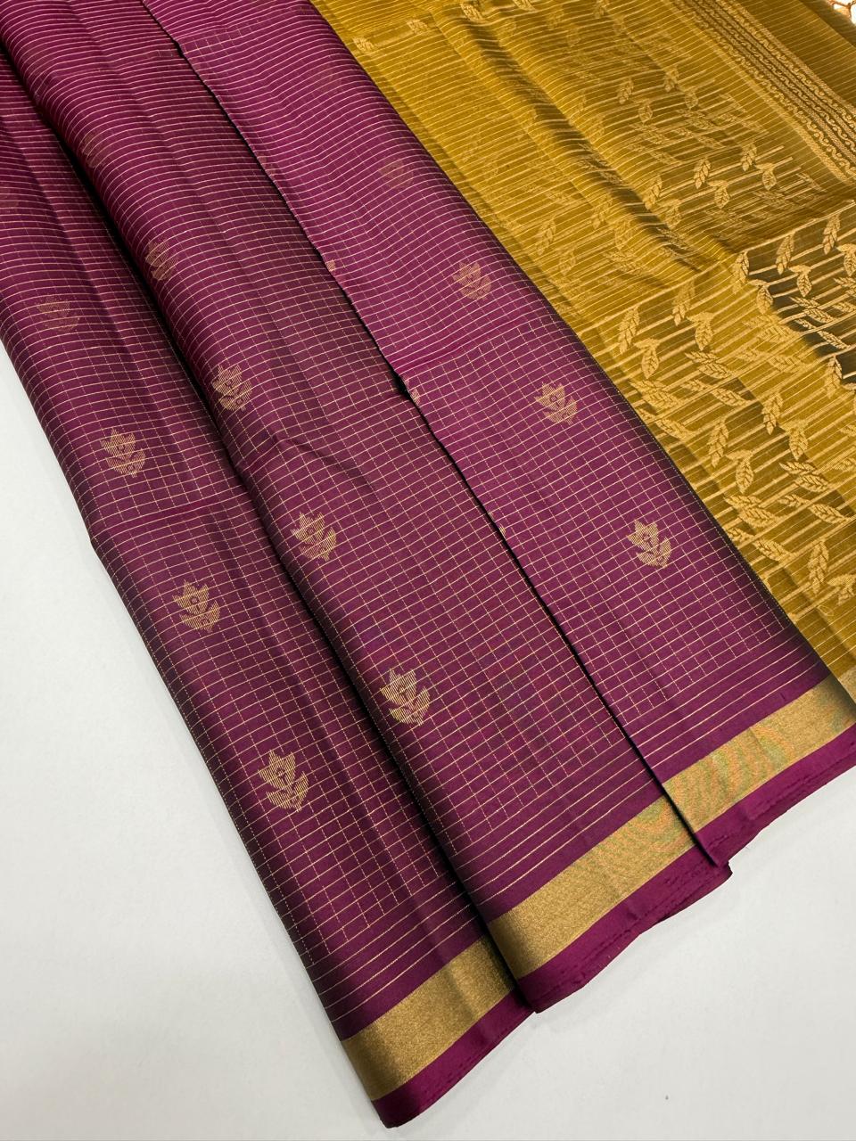VSF1311 - purple color body , mustard color pallu,blouse - Pure silk saree