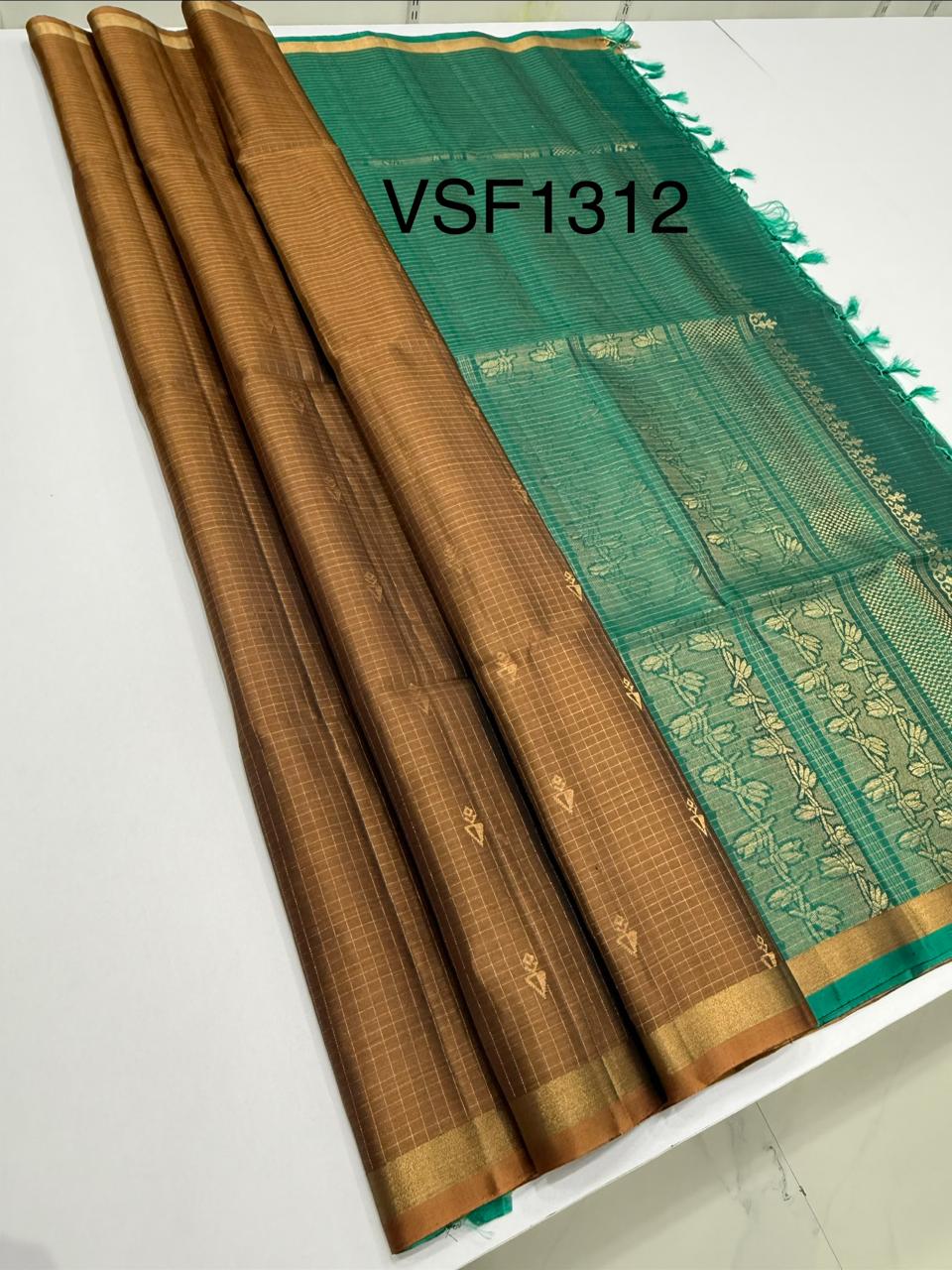 VSF1312 - chocolate brown color body , peacock green color pallu,blouse - Pure silk saree