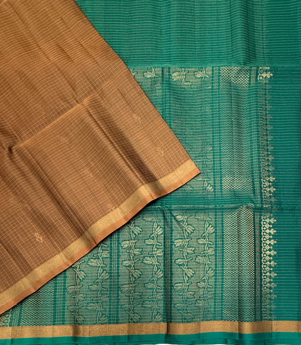 VSF1312 - chocolate brown color body , peacock green color pallu,blouse - Pure silk saree