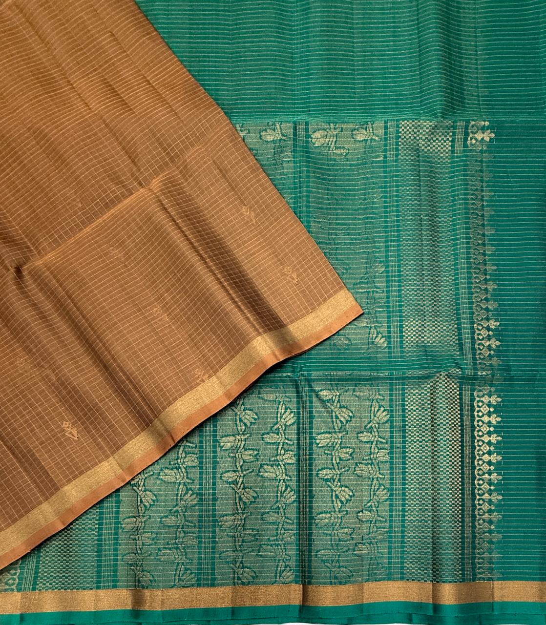 VSF1312 - chocolate brown color body , peacock green color pallu,blouse - Pure silk saree