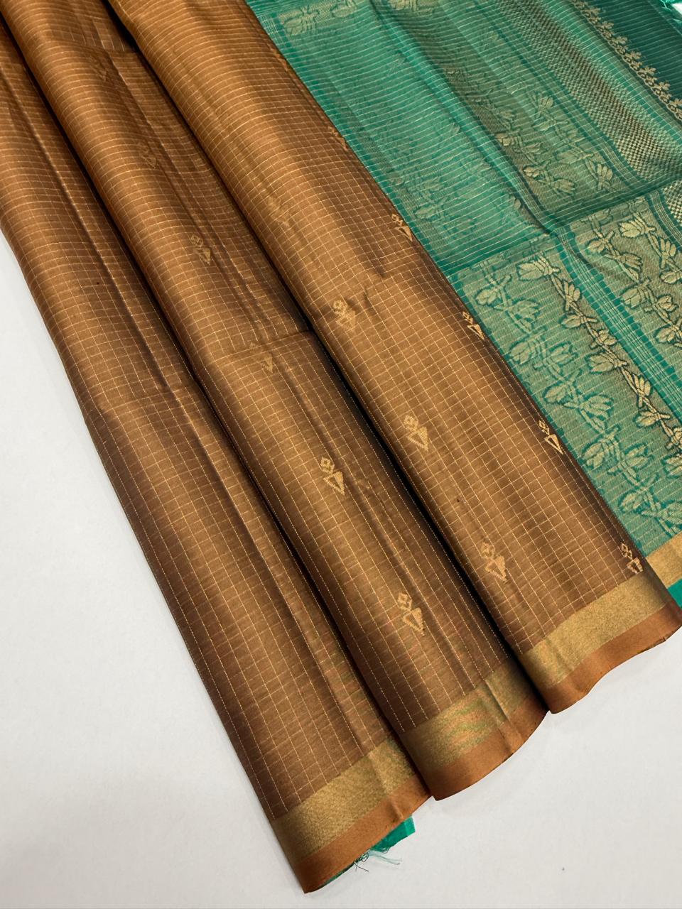 VSF1312 - chocolate brown color body , peacock green color pallu,blouse - Pure silk saree