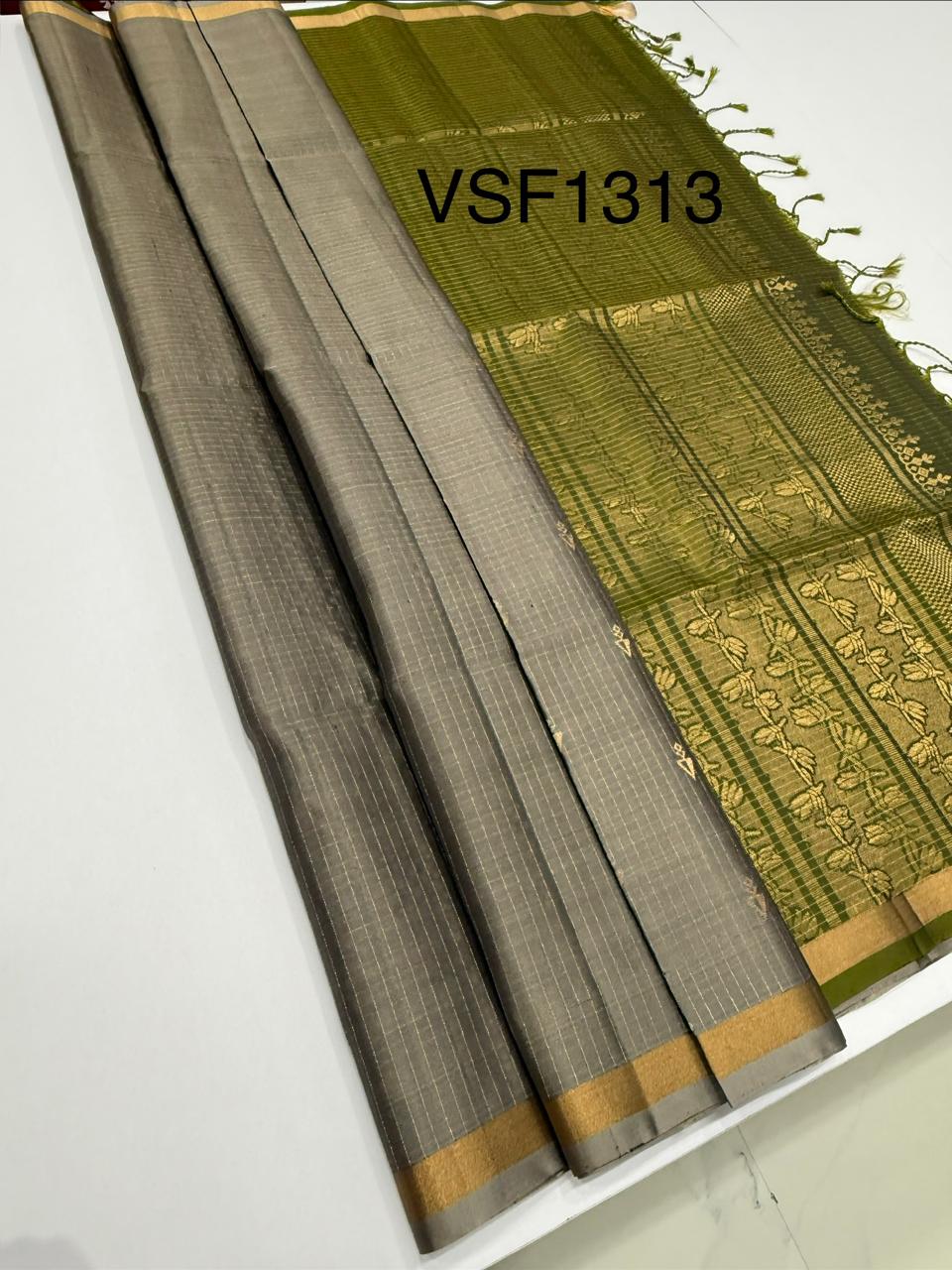 VSF1313 - grey color body , cowdung green color pallu,blouse - Pure silk saree