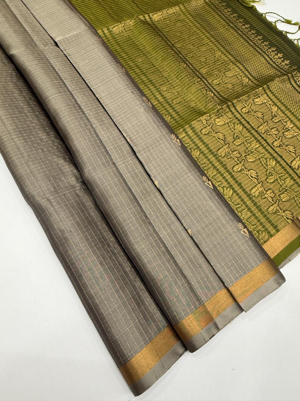 VSF1313 - grey color body , cowdung green color pallu,blouse - Pure silk saree