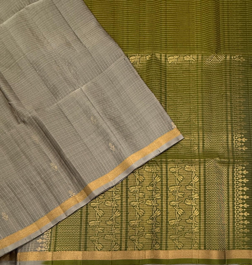 VSF1313 - grey color body , cowdung green color pallu,blouse - Pure silk saree
