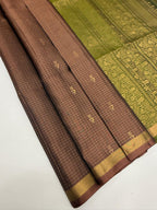 VSF1315 - chocolate brown color body , cowdung green color pallu,blouse - Pure silk saree