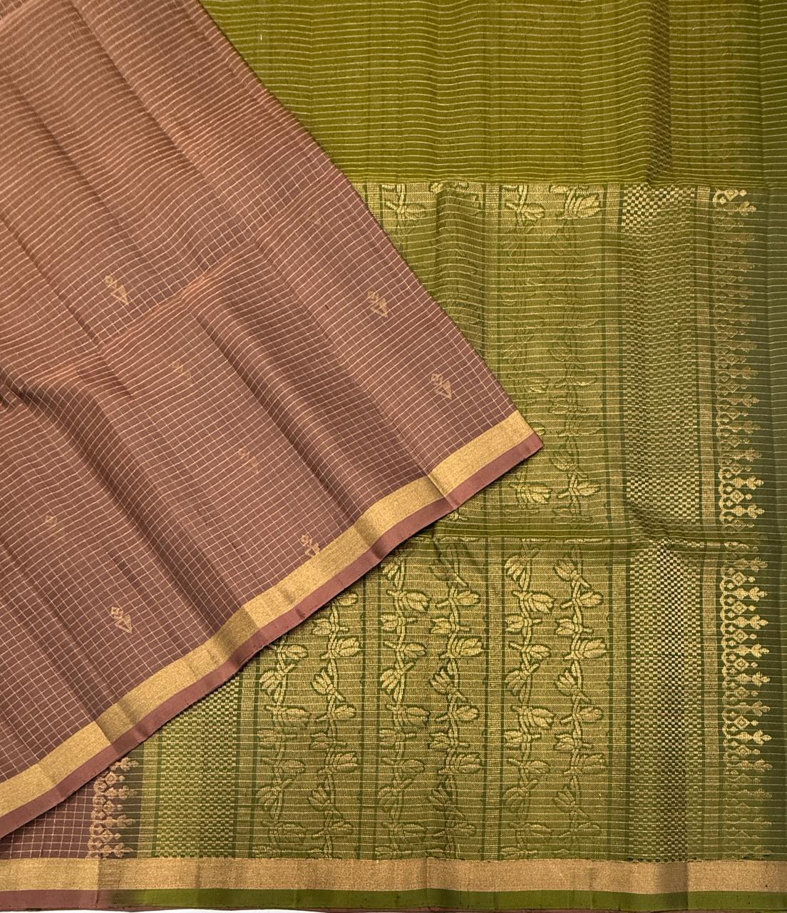 VSF1315 - chocolate brown color body , cowdung green color pallu,blouse - Pure silk saree