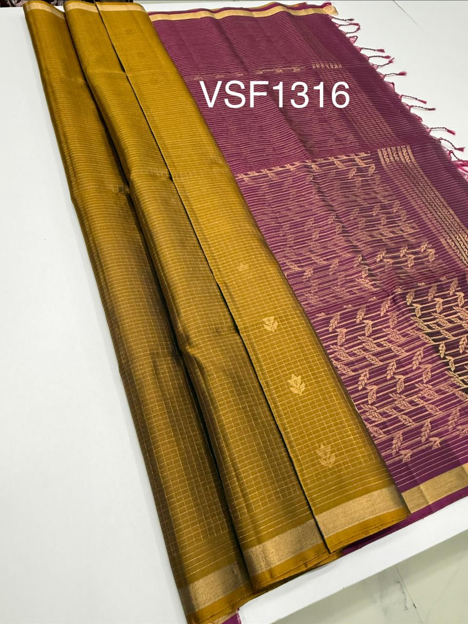 VSF1316 - mustard color body , purple color pallu,blouse - Pure silk saree