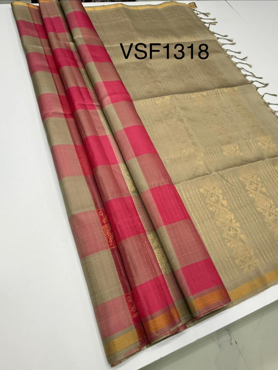 VSF1318 - grey with pink color body , grey color pallu,blouse - Pure silk saree