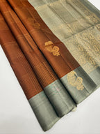 VSF1319 - rust orange color body , grey color pallu,blouse - Pure silk saree