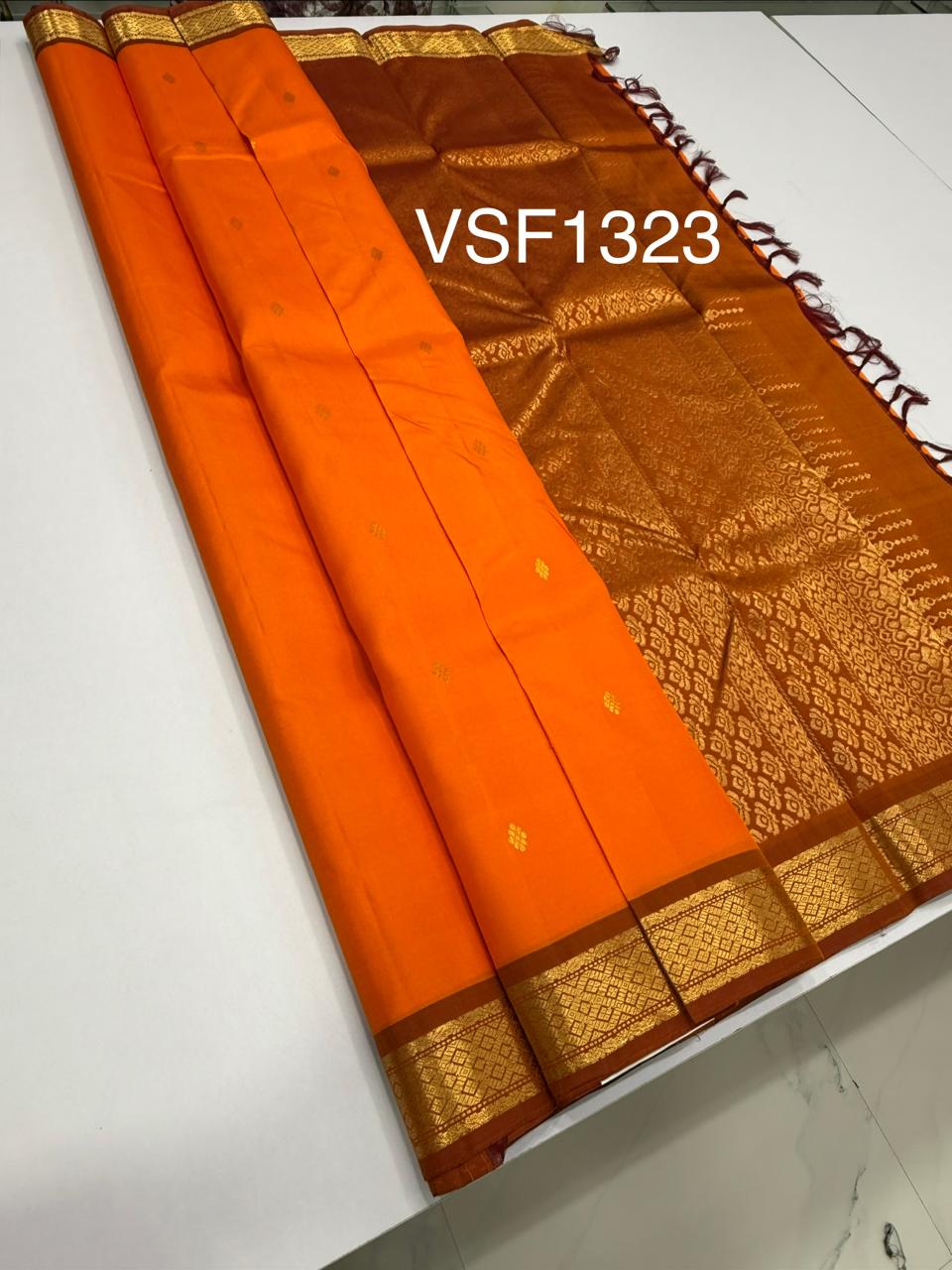 VSF1323 - orange color body , rust orange color pallu,blouse - Pure silk saree