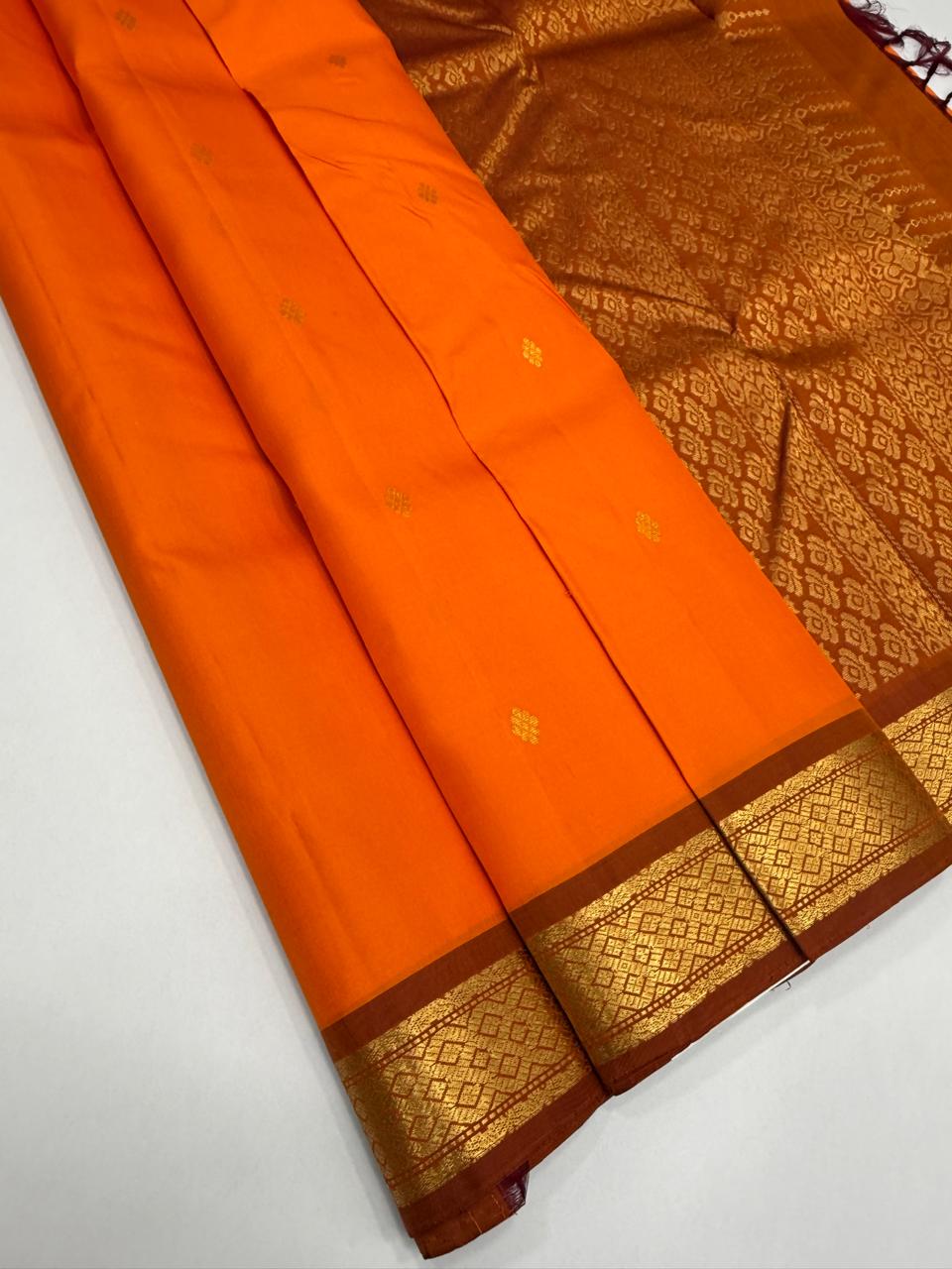 VSF1323 - orange color body , rust orange color pallu,blouse - Pure silk saree