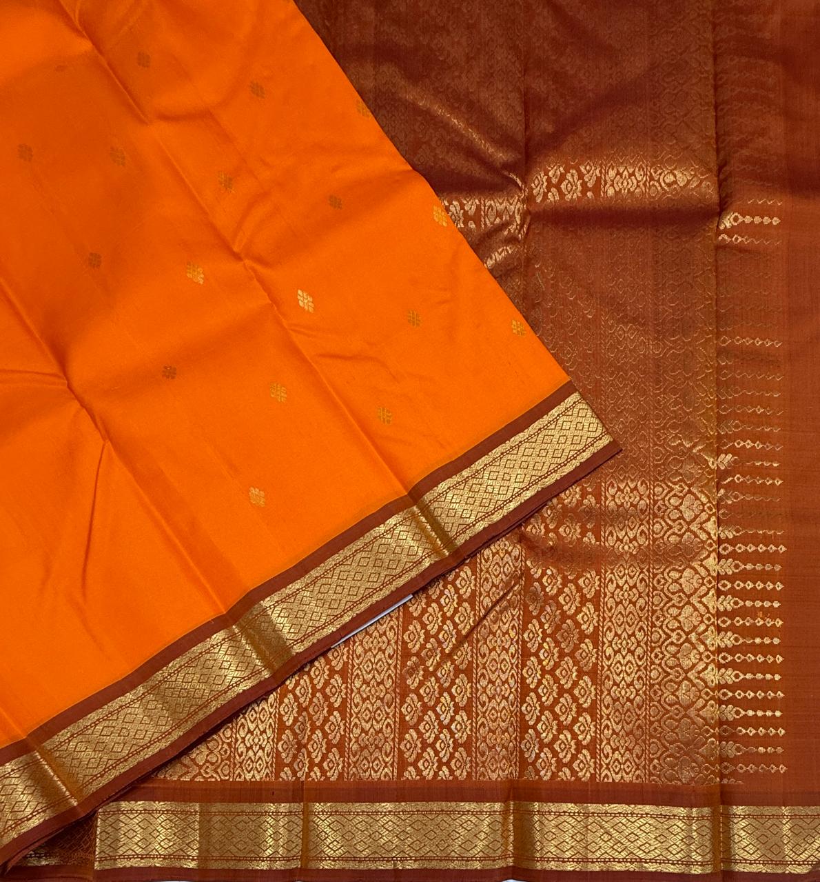 VSF1323 - orange color body , rust orange color pallu,blouse - Pure silk saree