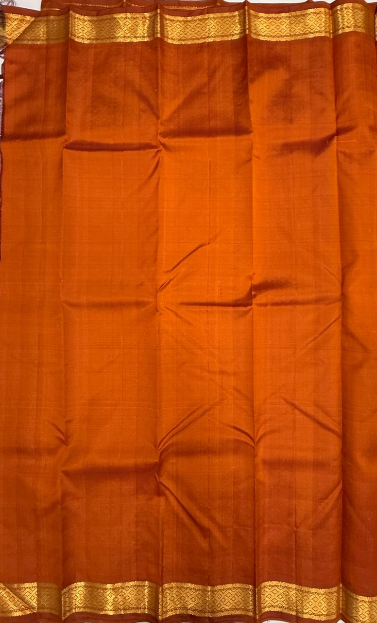 VSF1323 - orange color body , rust orange color pallu,blouse - Pure silk saree