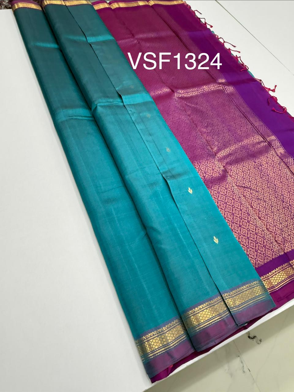 VSF1324 - peacock blue color body , violet color pallu,blouse - Pure silk saree