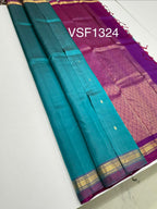 VSF1324 - peacock blue color body , violet color pallu,blouse - Pure silk saree