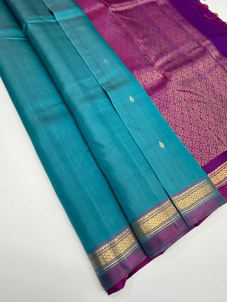 VSF1324 - peacock blue color body , violet color pallu,blouse - Pure silk saree