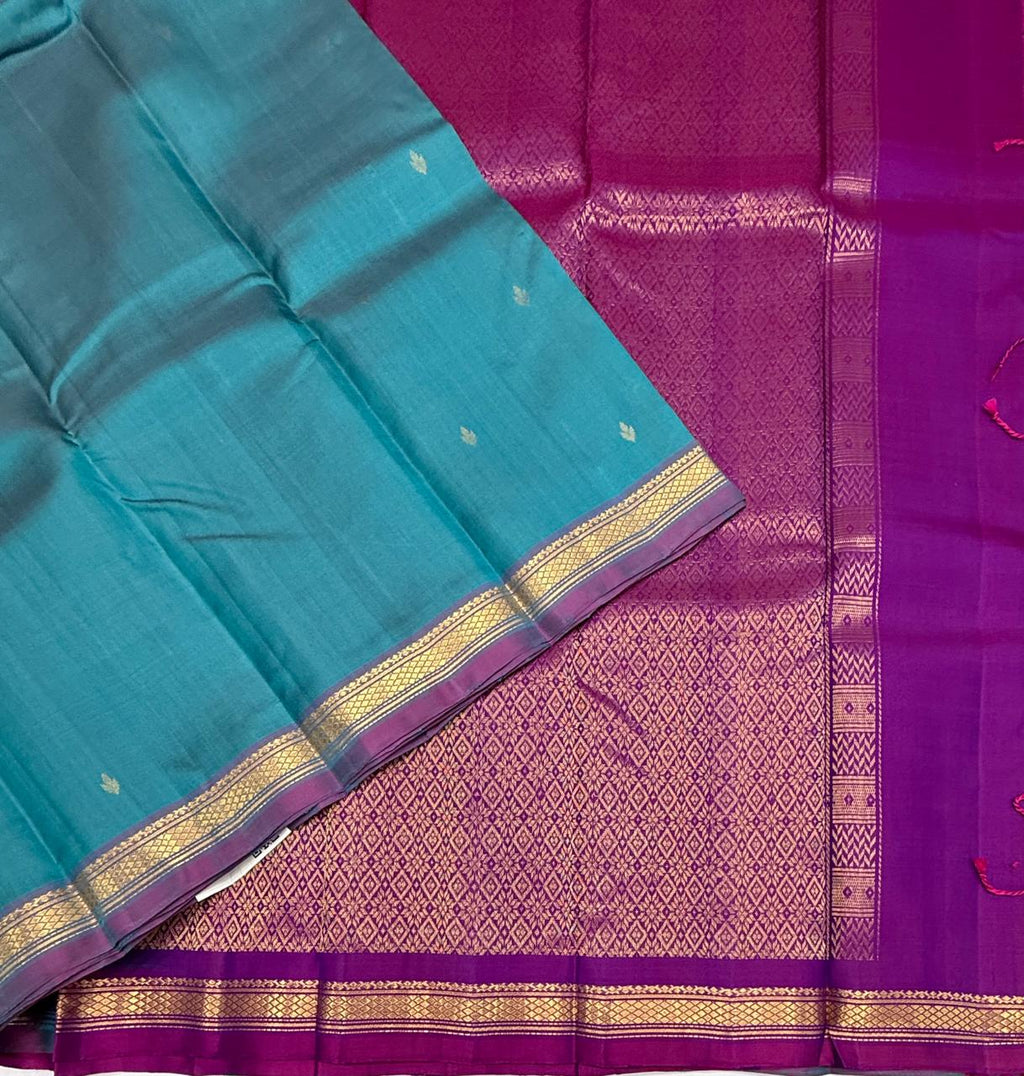 VSF1324 - peacock blue color body , violet color pallu,blouse - Pure silk saree