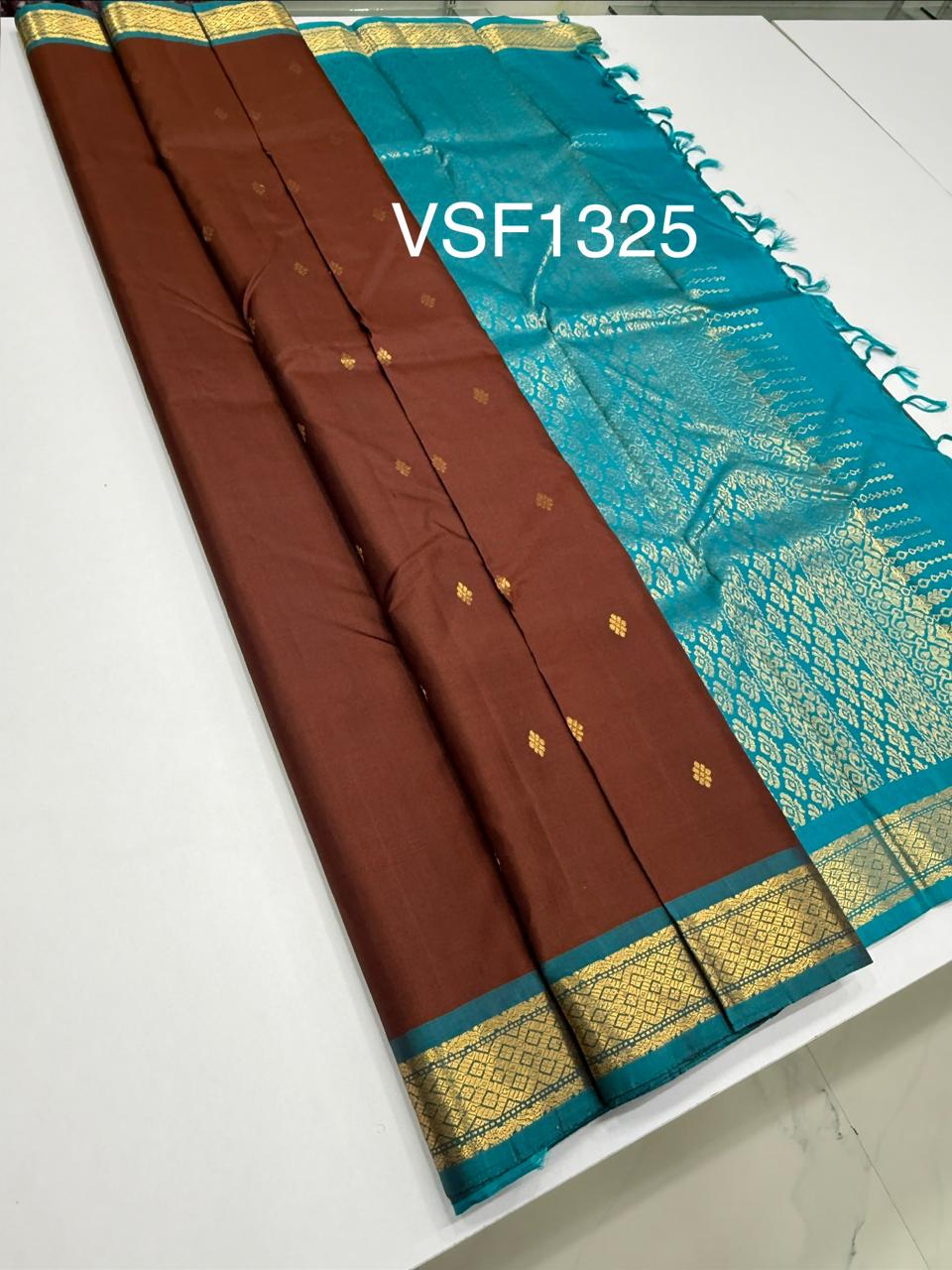 VSF1325 - brown color body , peacock blue color pallu,blouse - Pure silk saree